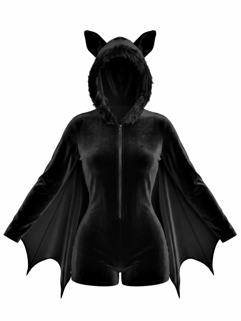 BLACK 1960S style HALLOWEEN BAT WING HOODED VELVET ROMPER